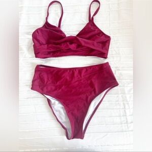 Cupshe Twist Front Bra & Spliced High Waist Bikini Set Maroon Garnet Size Medium